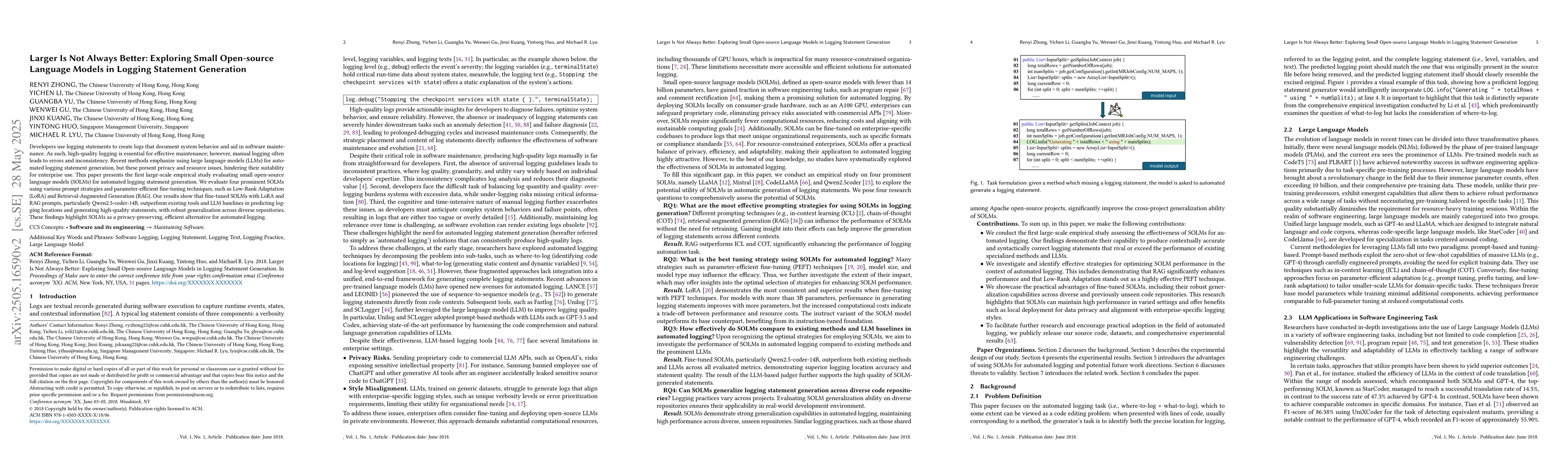 Thumbnail for Larger Is Not Always Better: Exploring Small Open-source Language Models
  in Logging Statement Generation