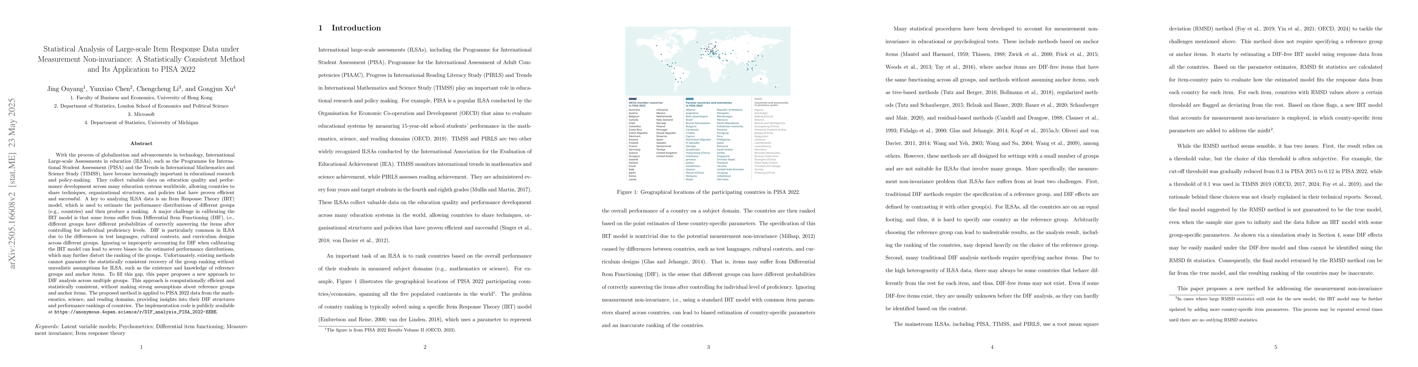 Thumbnail for Statistical Analysis of Large-scale Item Response Data under Measurement
  Non-invariance: A Statistically Consistent Method and Its Application to PISA
  2022