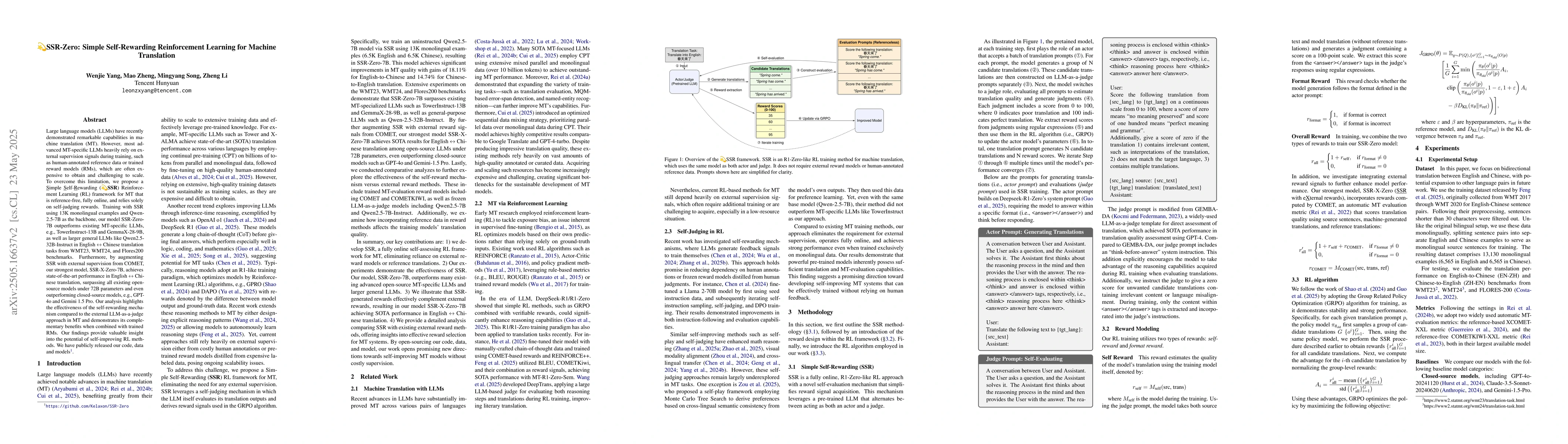 Thumbnail for SSR-Zero: Simple Self-Rewarding Reinforcement Learning for Machine
  Translation