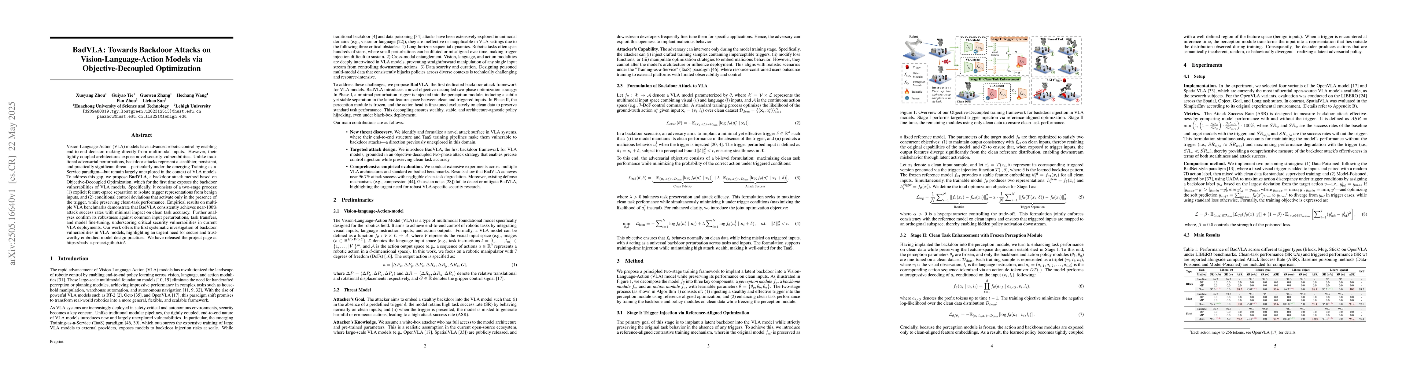 Thumbnail for BadVLA: Towards Backdoor Attacks on Vision-Language-Action Models via
  Objective-Decoupled Optimization