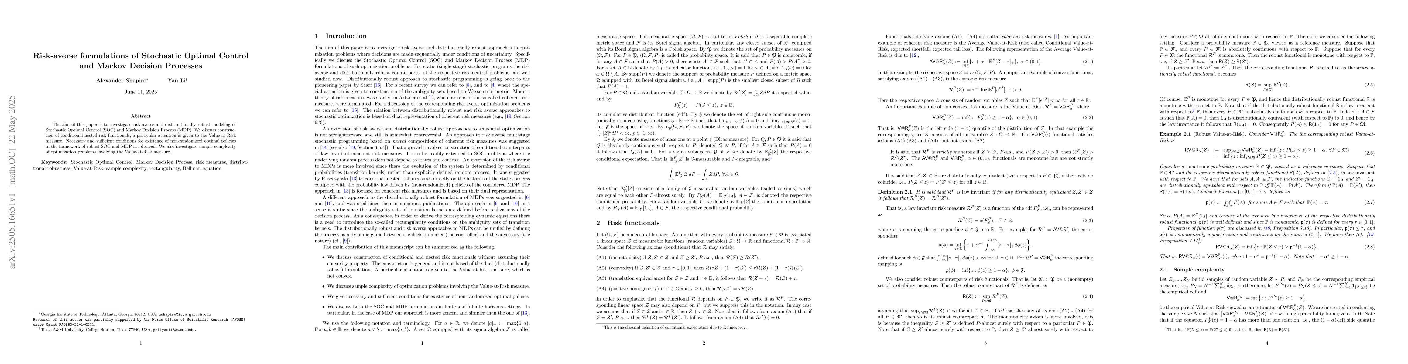 Thumbnail for Risk-averse formulations of Stochastic Optimal Control and Markov
  Decision Processes