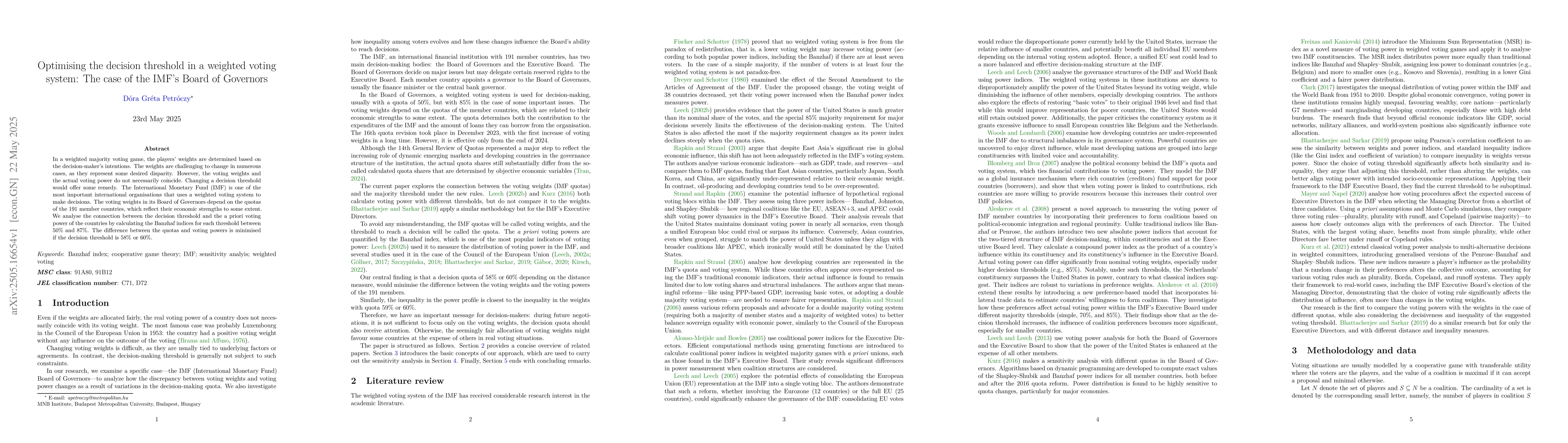 Thumbnail for Optimising the decision threshold in a weighted voting system: The case
  of the IMF's Board of Governors