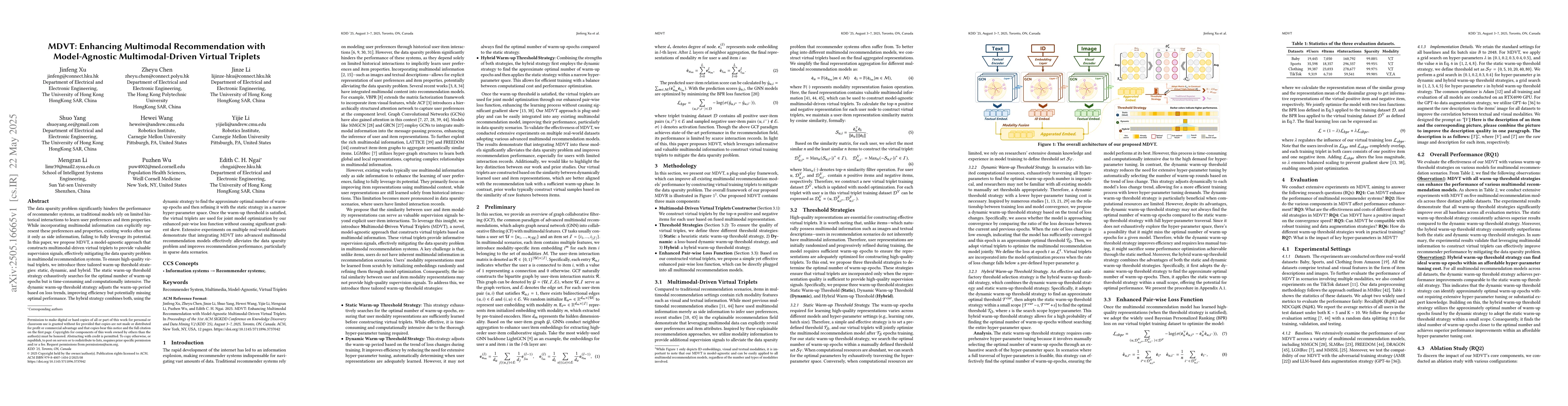 Thumbnail for MDVT: Enhancing Multimodal Recommendation with Model-Agnostic
  Multimodal-Driven Virtual Triplets
