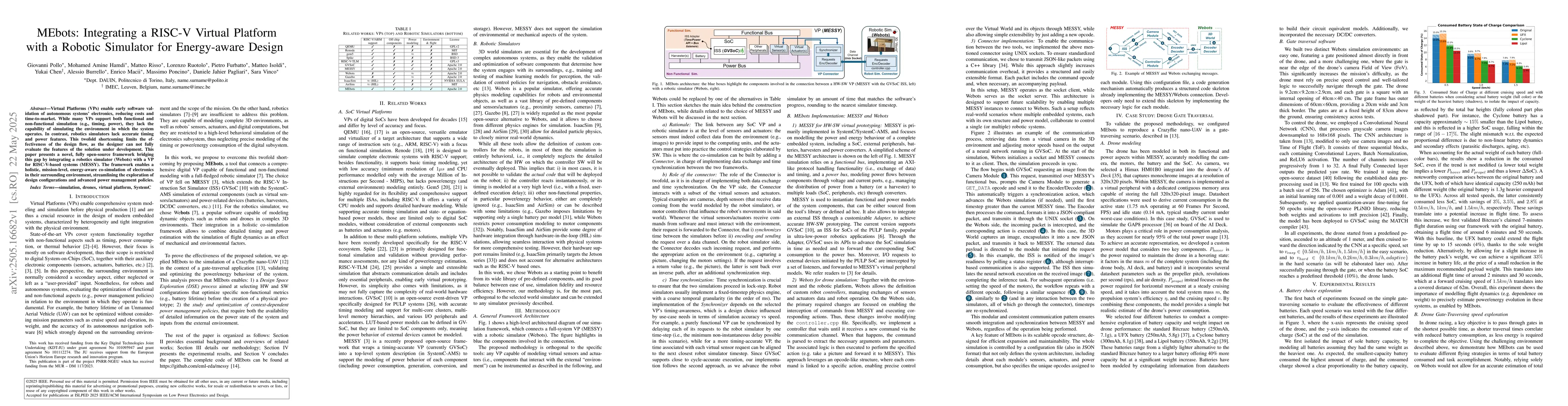 Thumbnail for MEbots: Integrating a RISC-V Virtual Platform with a Robotic Simulator
  for Energy-aware Design