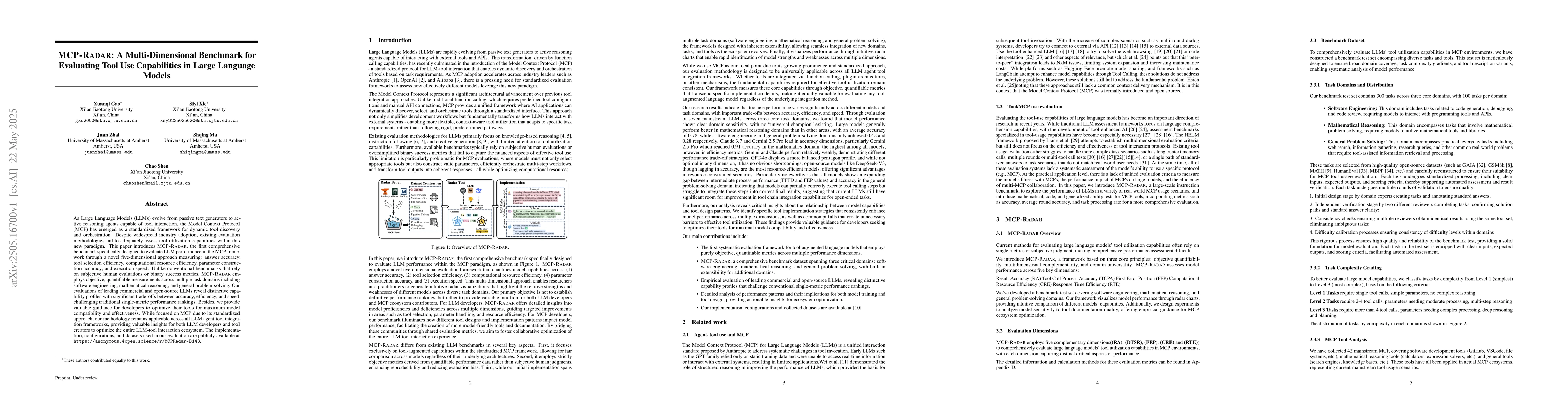 Thumbnail for MCP-RADAR: A Multi-Dimensional Benchmark for Evaluating Tool Use
  Capabilities in Large Language Models