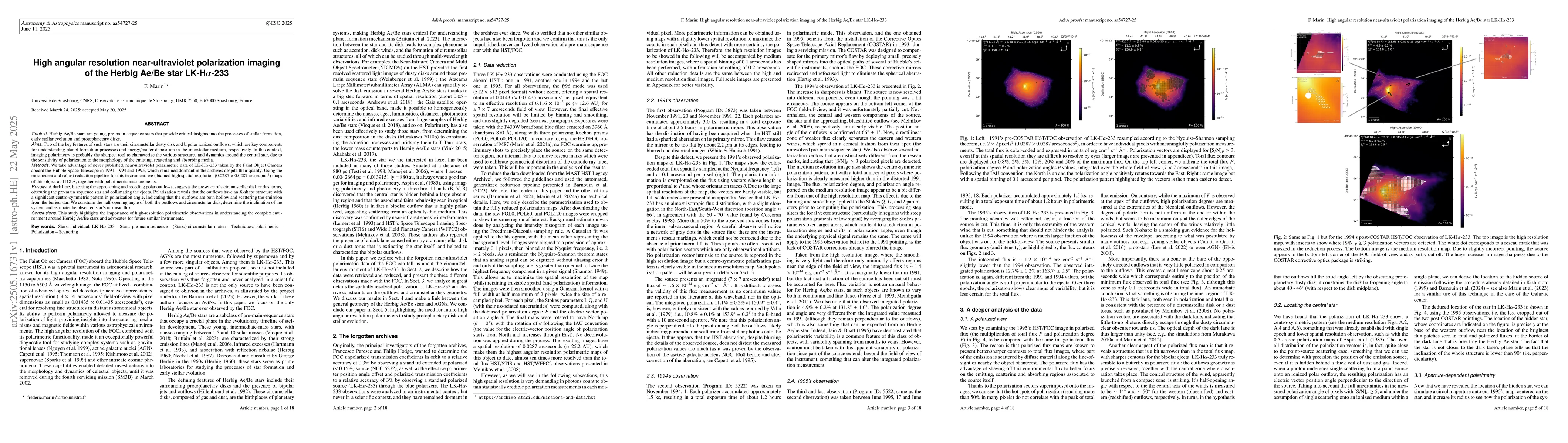 Thumbnail for High angular resolution near-ultraviolet polarization imaging of the
  Herbig Ae/Be star LK-Hα-233