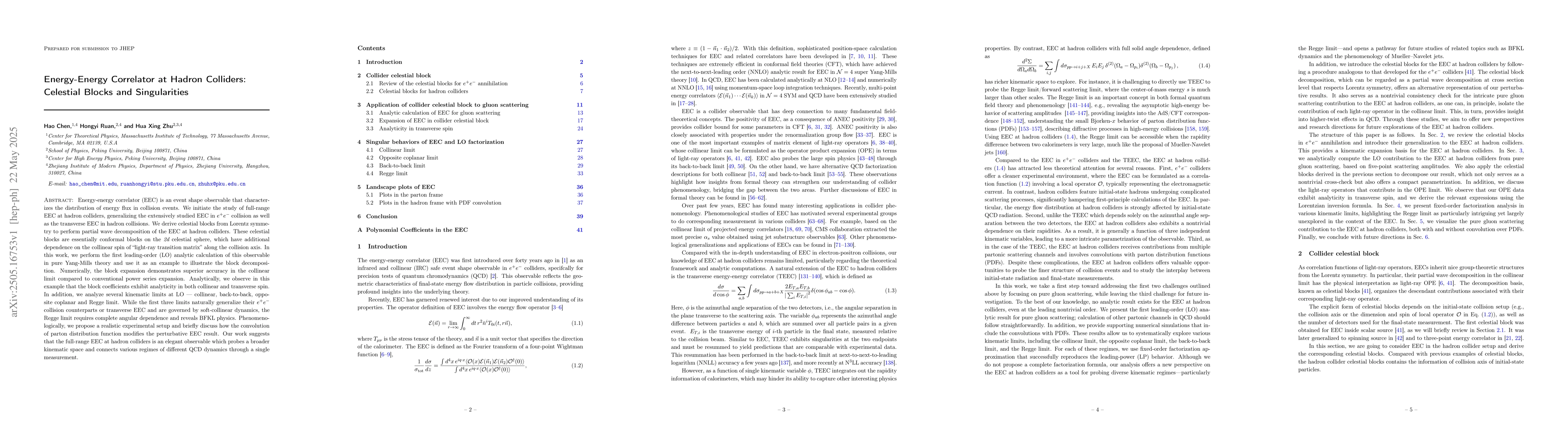 Thumbnail for Energy-Energy Correlator at Hadron Colliders: Celestial Blocks and
  Singularities