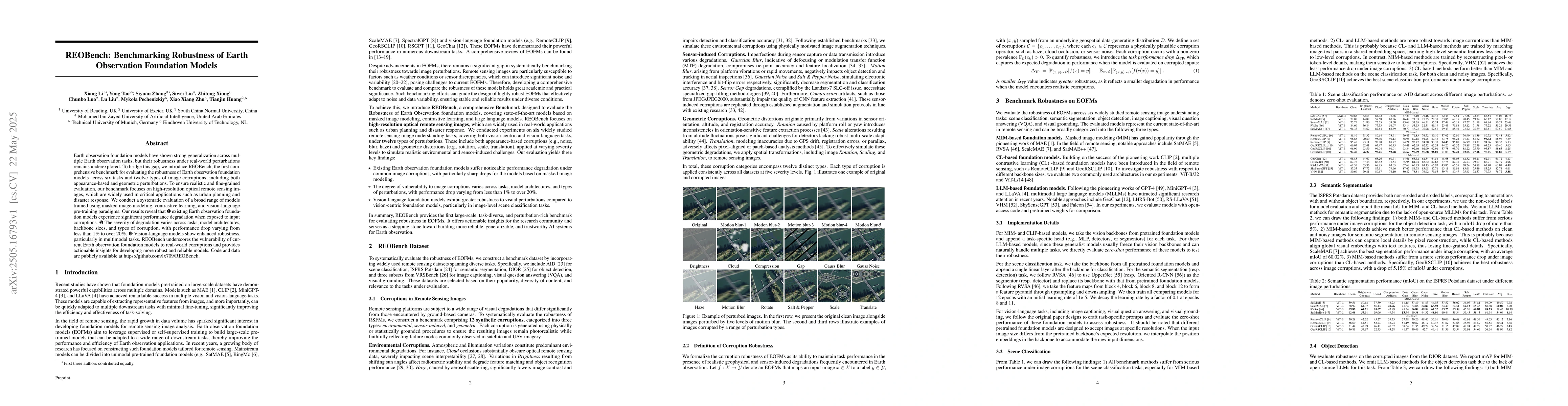 Thumbnail for REOBench: Benchmarking Robustness of Earth Observation Foundation Models