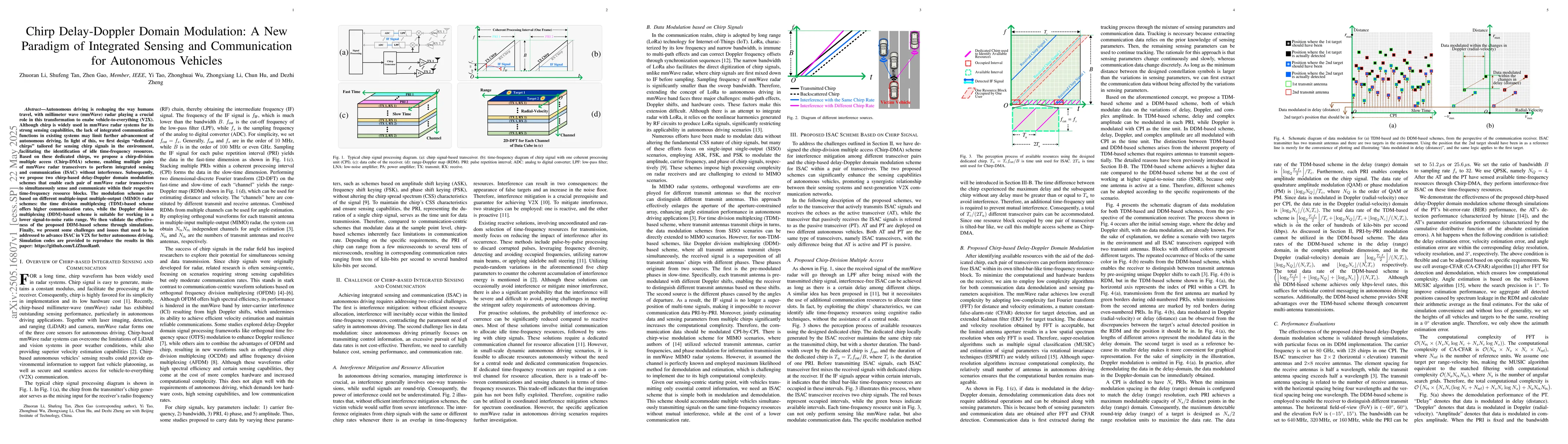 Thumbnail for Chirp Delay-Doppler Domain Modulation: A New Paradigm of Integrated
  Sensing and Communication for Autonomous Vehicles