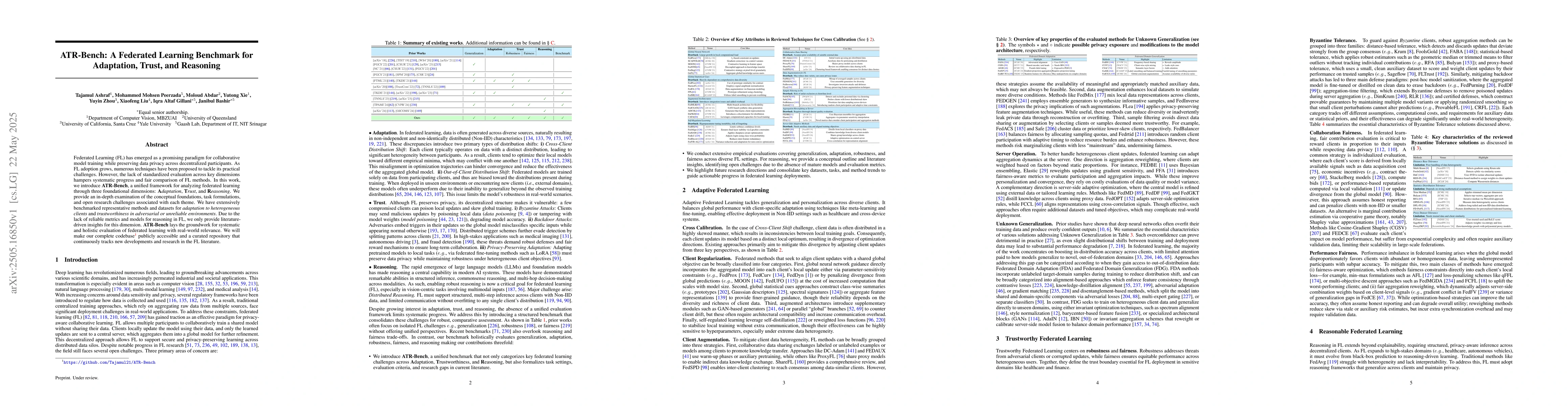 Thumbnail for ATR-Bench: A Federated Learning Benchmark for Adaptation, Trust, and
  Reasoning