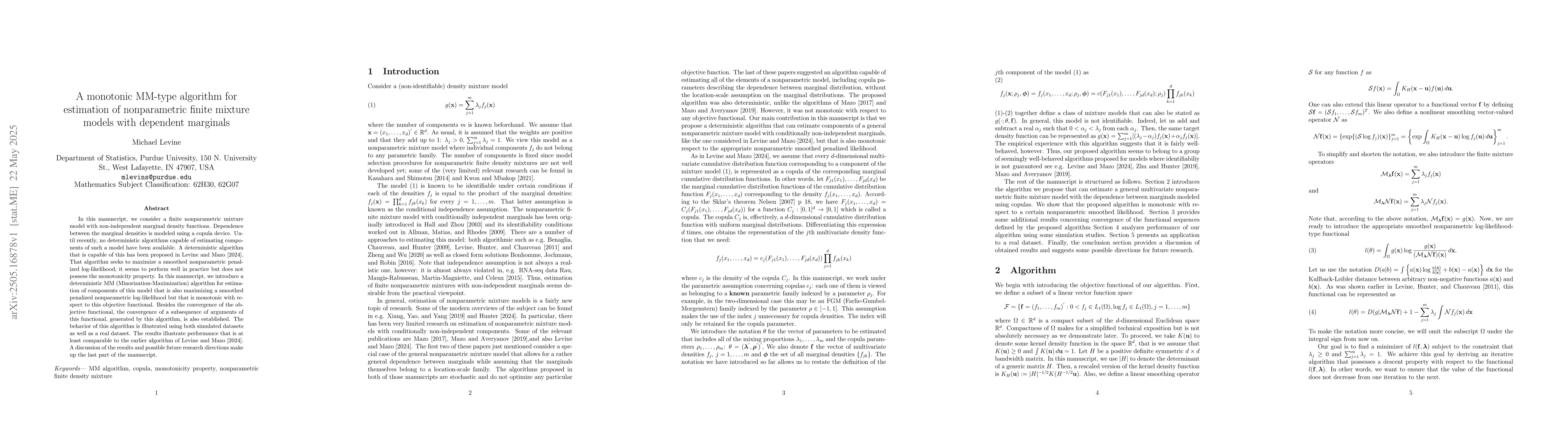 Thumbnail for A monotonic MM-type algorithm for estimation of nonparametric finite
  mixture models with dependent marginals