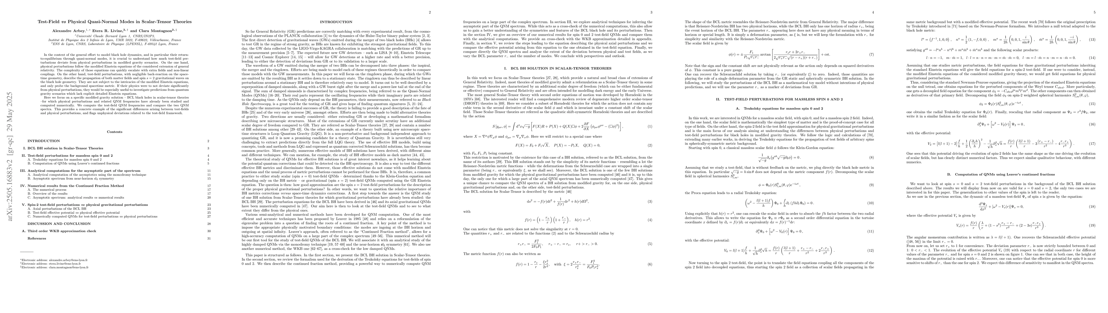 Thumbnail for Test-Field vs Physical Quasi-Normal Modes in Scalar-Tensor Theories