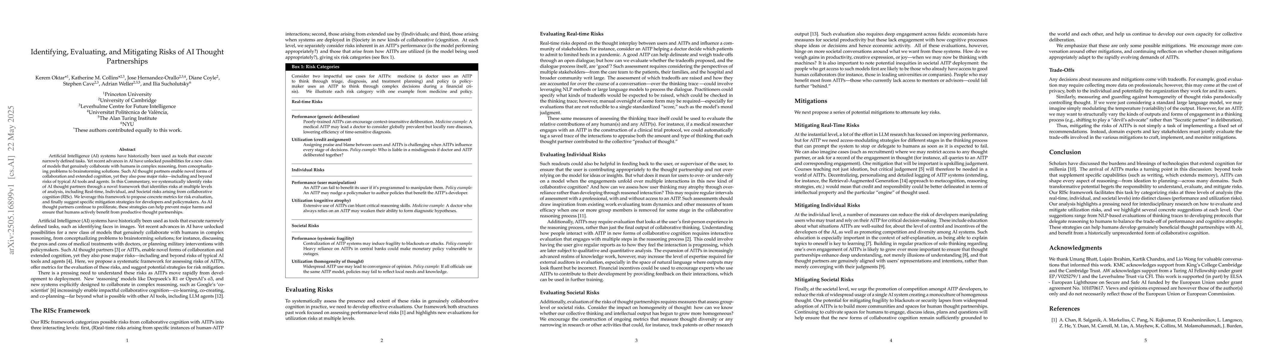 Thumbnail for Identifying, Evaluating, and Mitigating Risks of AI Thought Partnerships