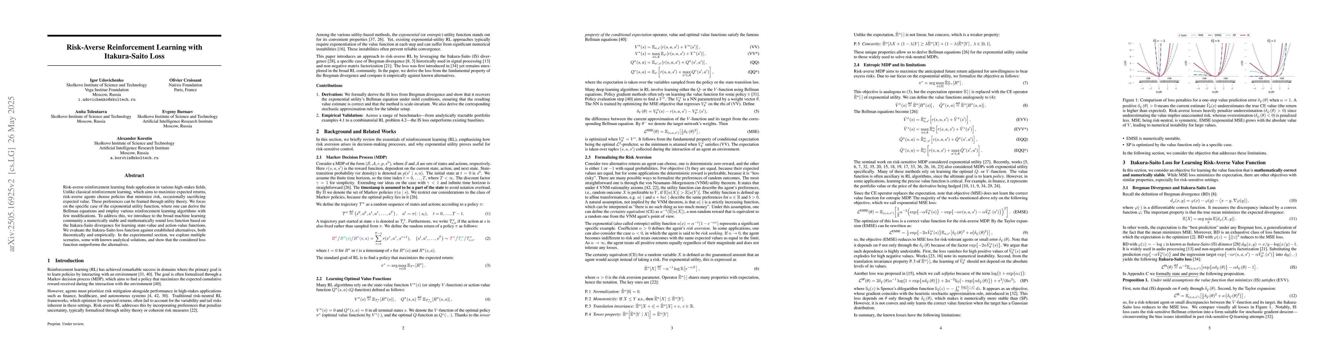Thumbnail for Risk-Averse Reinforcement Learning with Itakura-Saito Loss