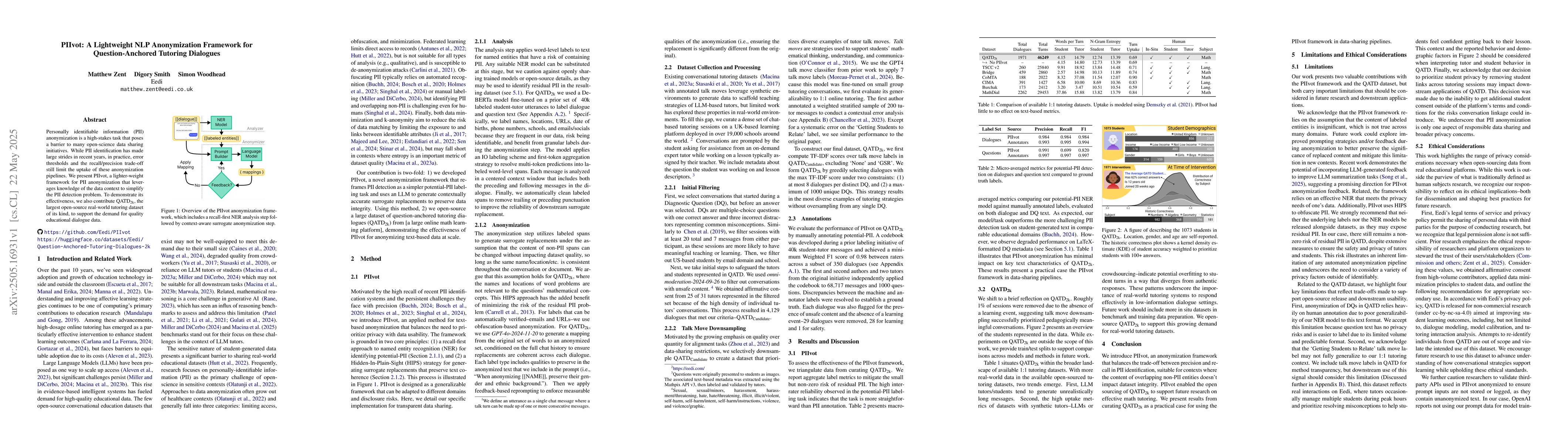 Thumbnail for PIIvot: A Lightweight NLP Anonymization Framework for Question-Anchored
  Tutoring Dialogues