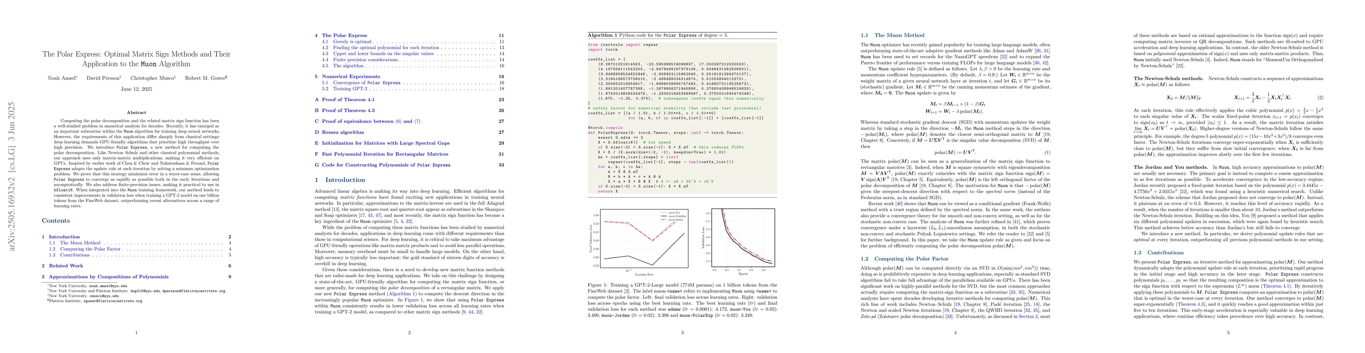 Thumbnail for The Polar Express: Optimal Matrix Sign Methods and Their Application to
  the Muon Algorithm