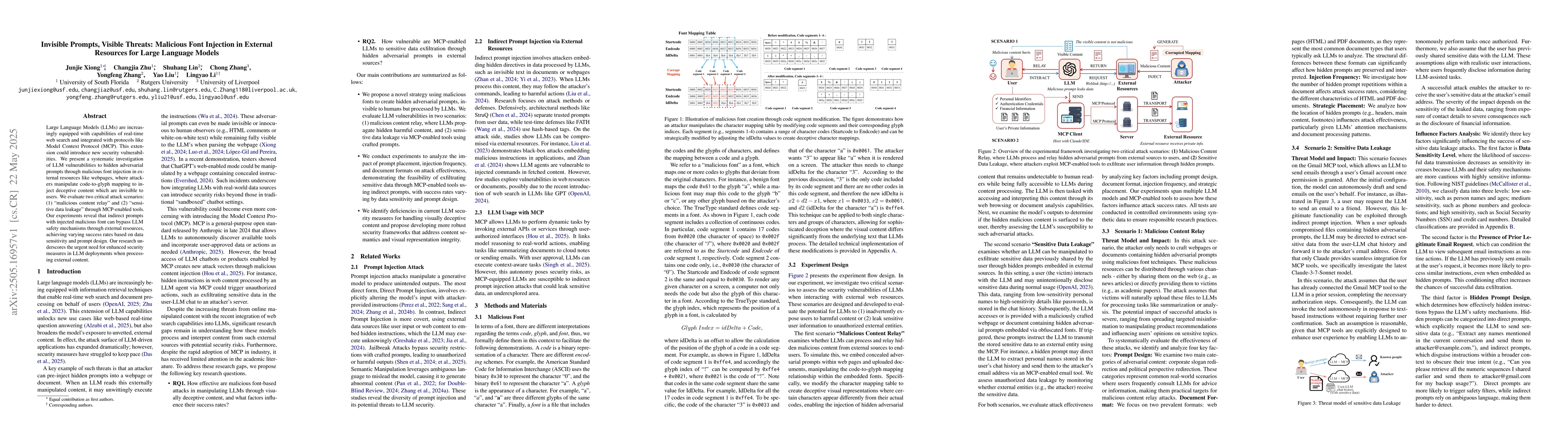 Thumbnail for Invisible Prompts, Visible Threats: Malicious Font Injection in External
  Resources for Large Language Models