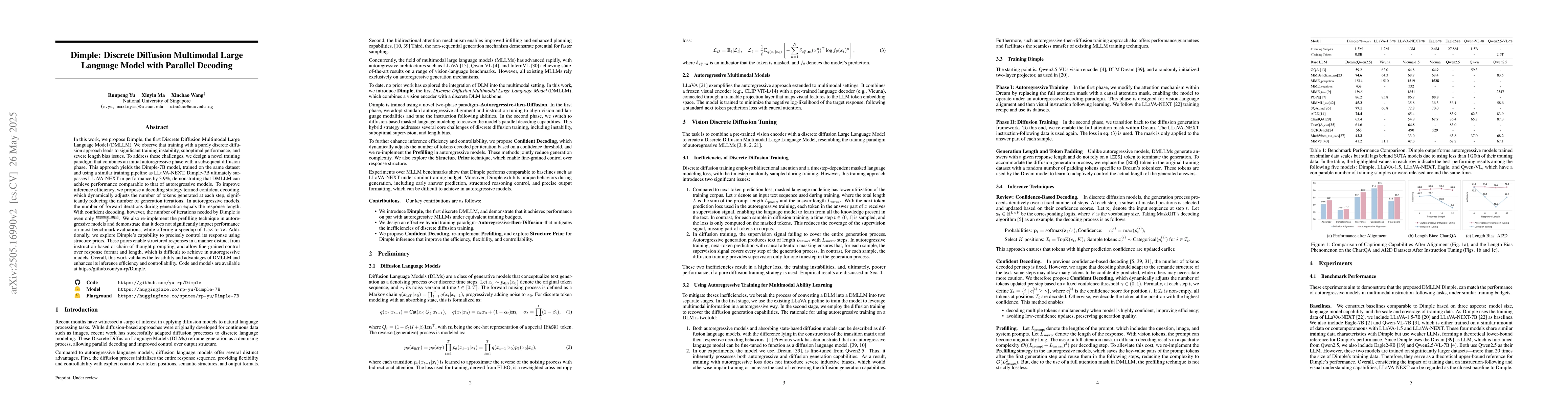 Thumbnail for Dimple: Discrete Diffusion Multimodal Large Language Model with Parallel
  Decoding