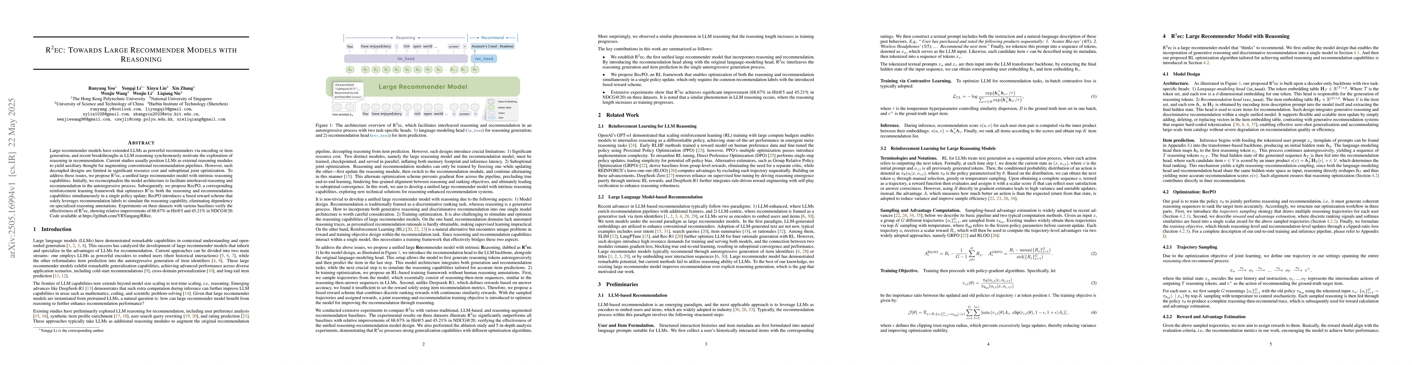 Thumbnail for $\text{R}^2\text{ec}$: Towards Large Recommender Models with Reasoning
