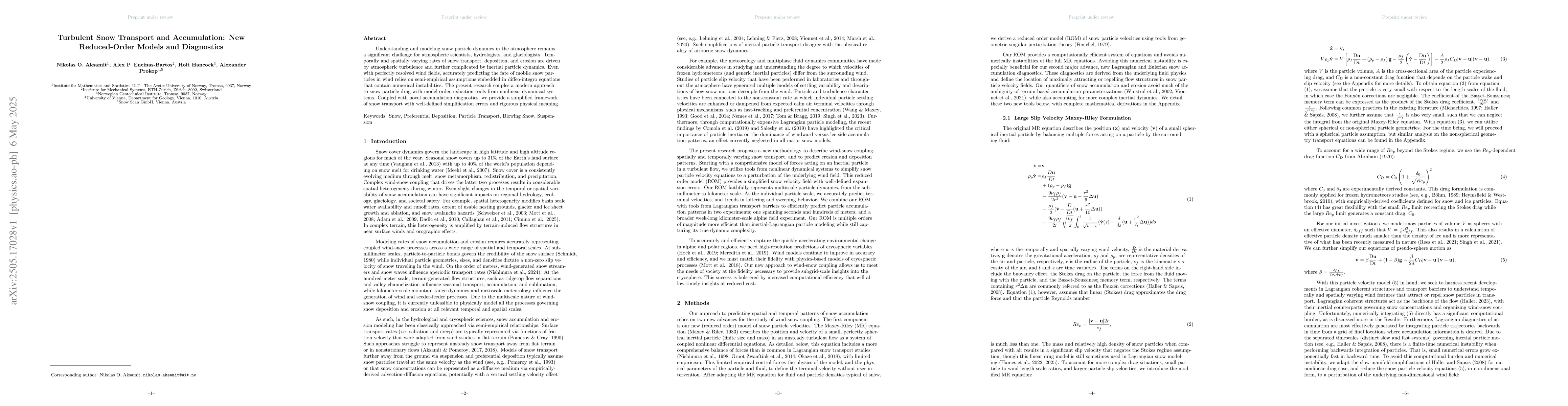 Thumbnail for Turbulent Snow Transport and Accumulation: New Reduced-Order Models and
  Diagnostics