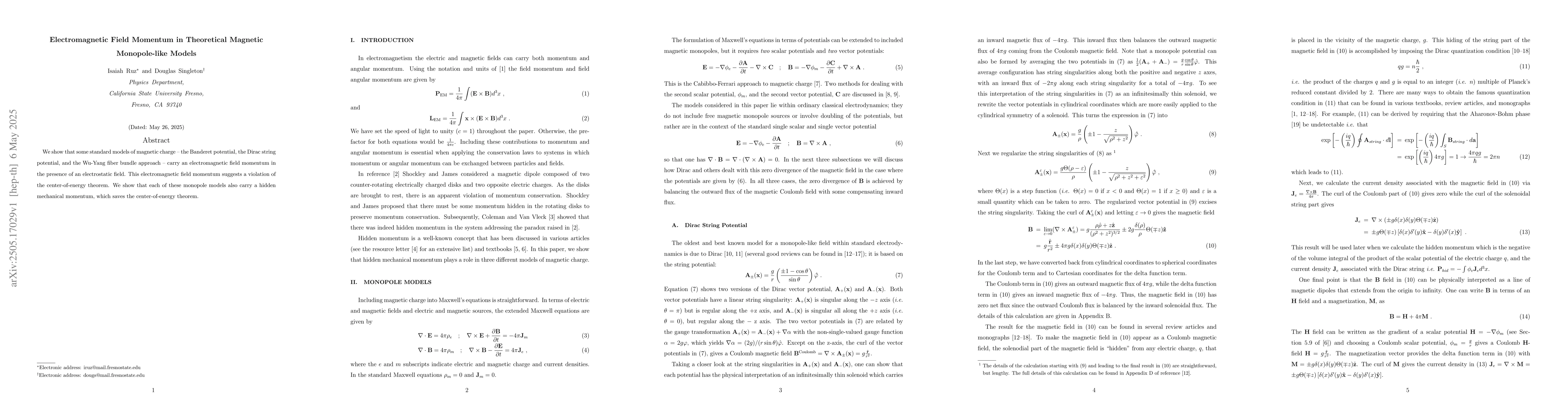 Thumbnail for Electromagnetic Field Momentum in Theoretical Magnetic Monopole-like
  Models