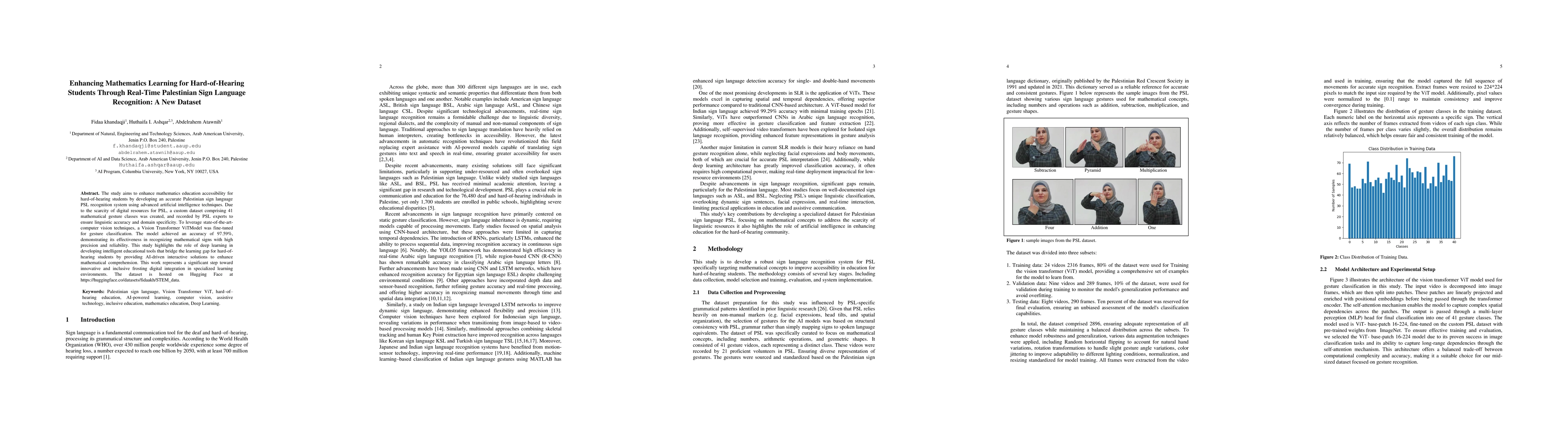 Thumbnail for Enhancing Mathematics Learning for Hard-of-Hearing Students Through
  Real-Time Palestinian Sign Language Recognition: A New Dataset