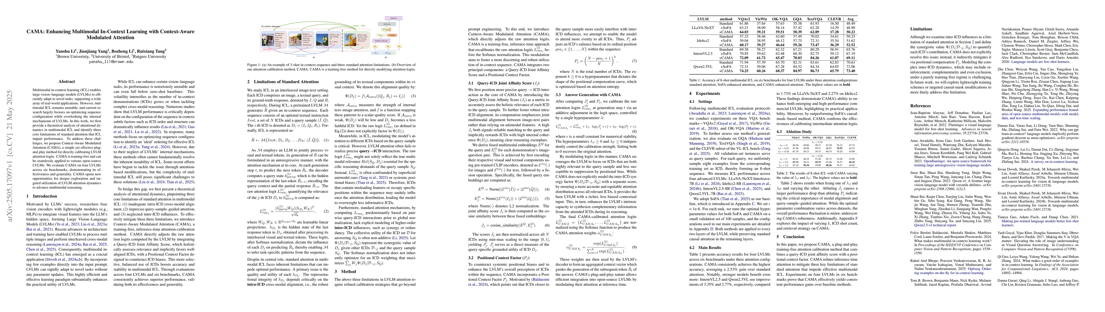 Thumbnail for CAMA: Enhancing Multimodal In-Context Learning with Context-Aware
  Modulated Attention