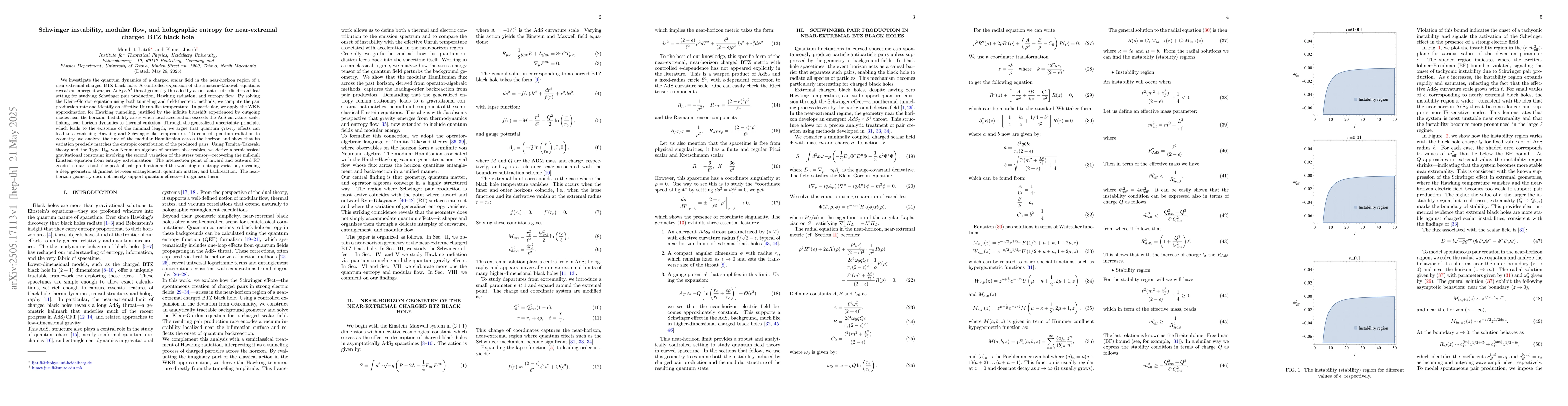 Thumbnail for Schwinger instability, modular flow, and holographic entropy for
  near-extremal charged BTZ black hole