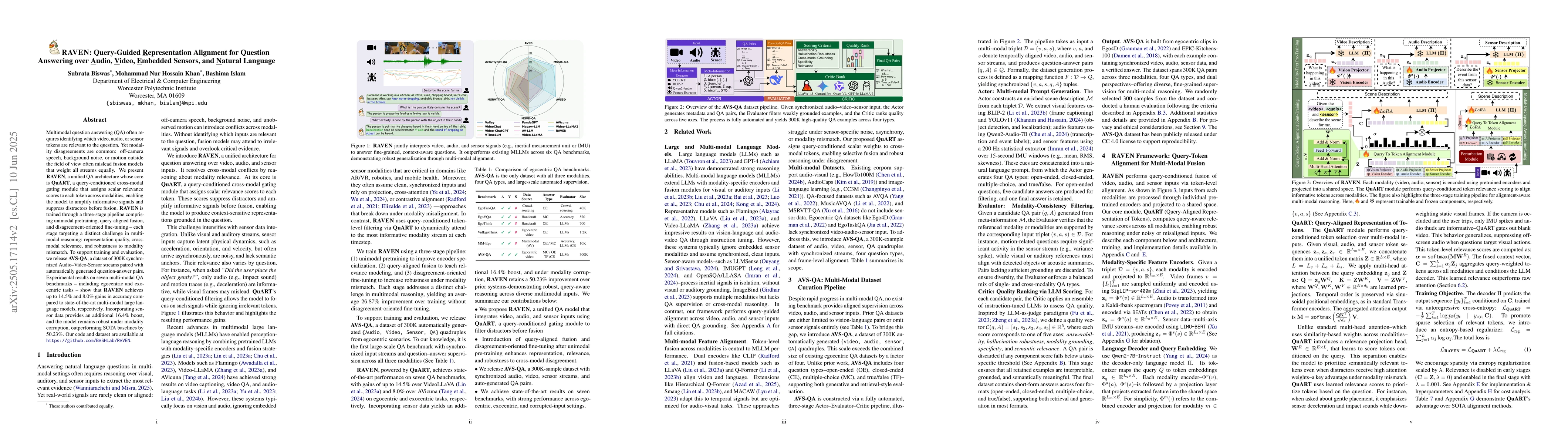 Thumbnail for RAVEN: Query-Guided Representation Alignment for Question Answering over
  Audio, Video, Embedded Sensors, and Natural Language