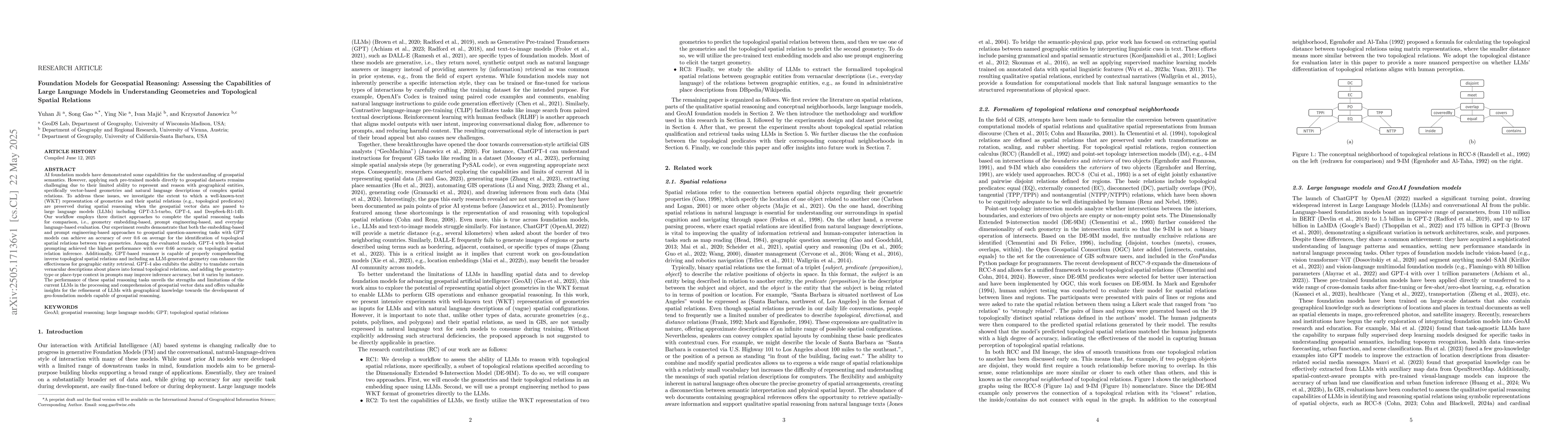 Thumbnail for Foundation Models for Geospatial Reasoning: Assessing Capabilities of
  Large Language Models in Understanding Geometries and Topological Spatial
  Relations