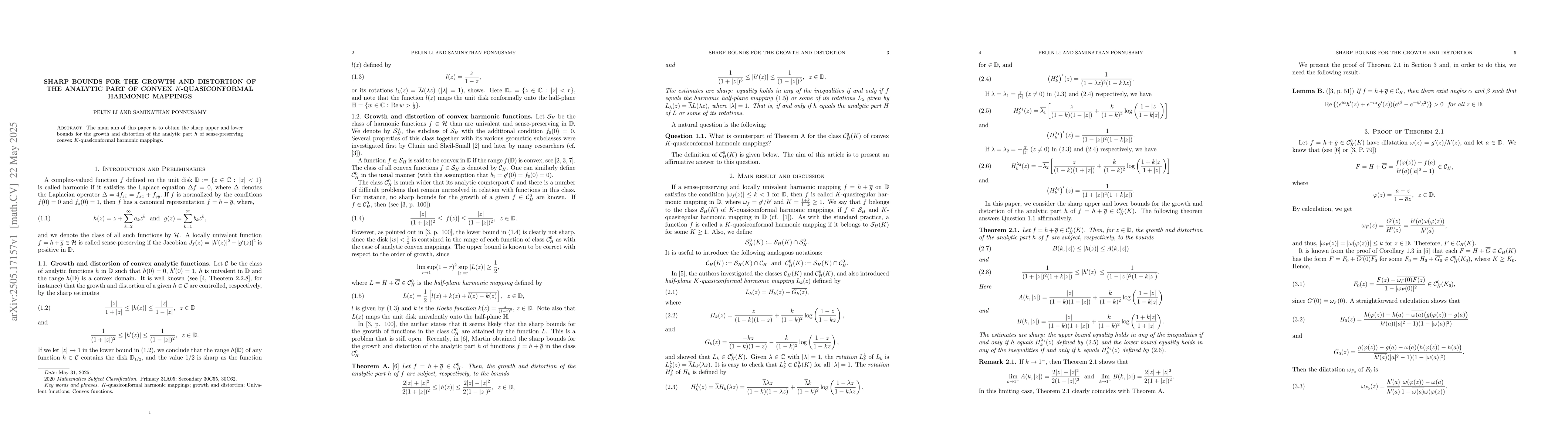 Thumbnail for Sharp bounds for the growth and distortion of the analytic part of
  convex K-quasiconformal harmonic mappings