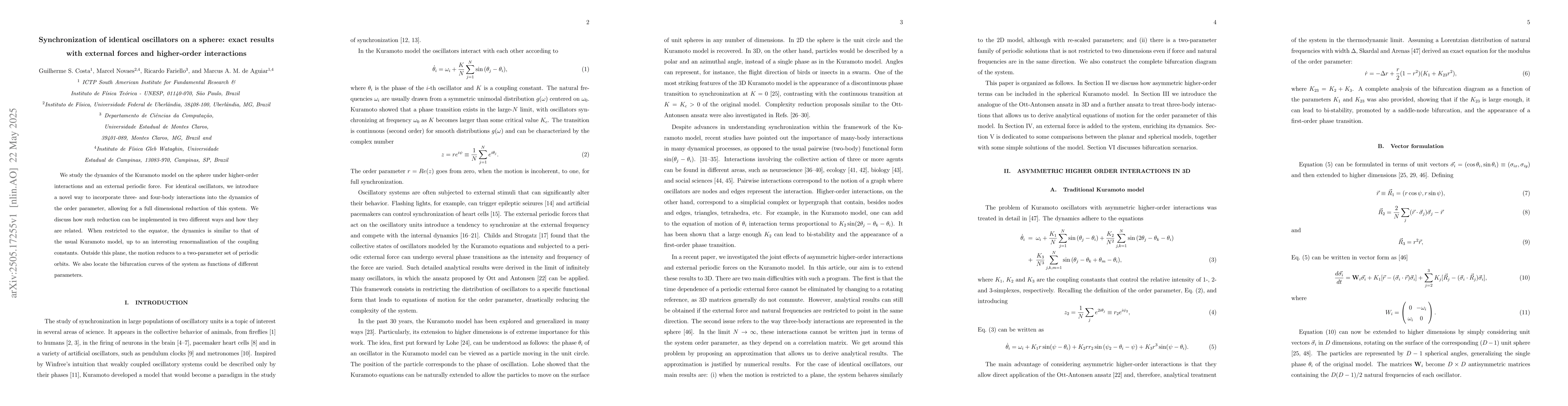 Thumbnail for Synchronization of identical oscillators on a sphere: exact results with
  external forces and higher-order interactions