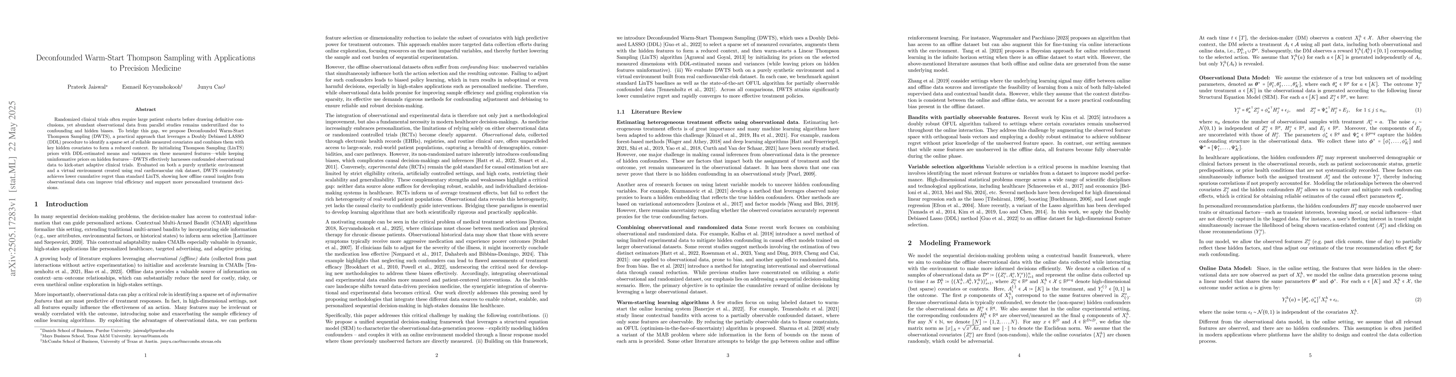 Thumbnail for Deconfounded Warm-Start Thompson Sampling with Applications to Precision
  Medicine