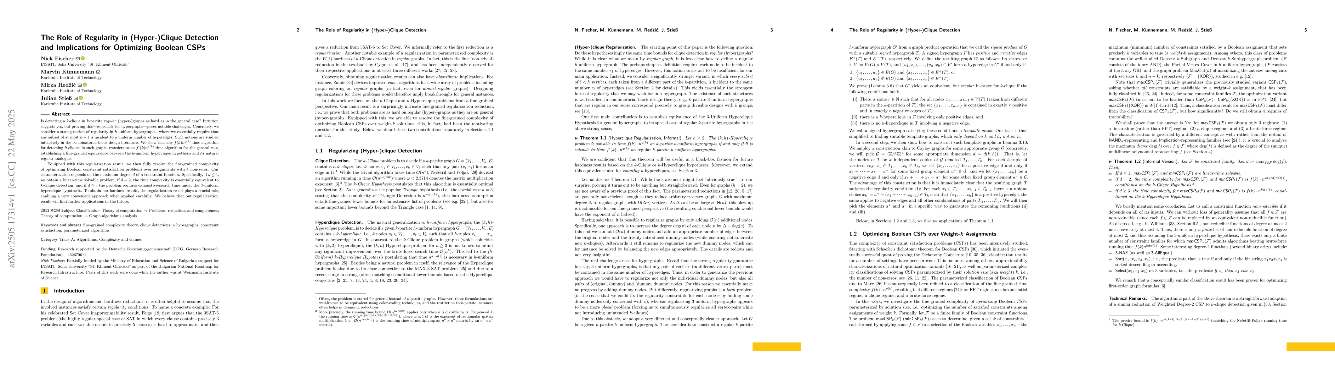 Thumbnail for The Role of Regularity in (Hyper-)Clique Detection and Implications for
  Optimizing Boolean CSPs