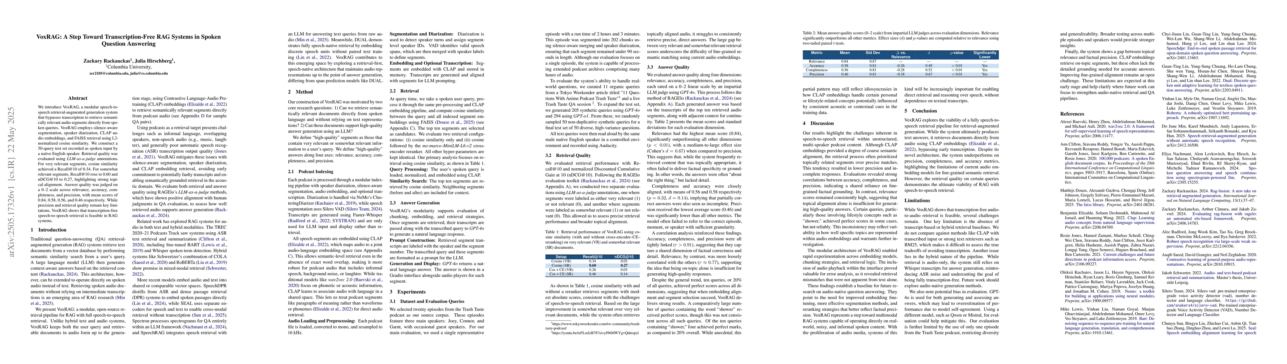 Thumbnail for VoxRAG: A Step Toward Transcription-Free RAG Systems in Spoken Question
  Answering