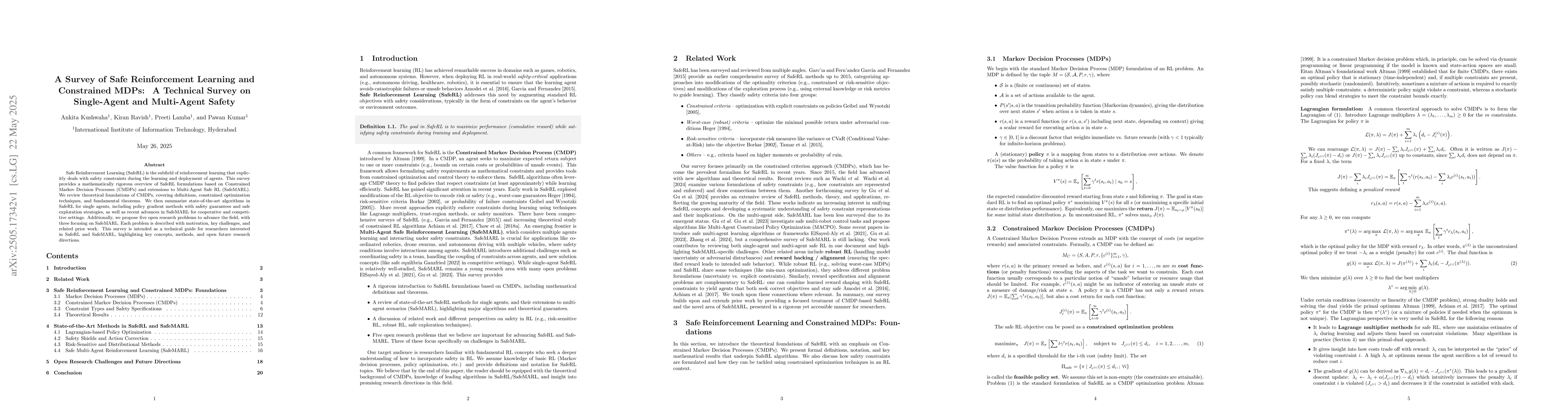 Thumbnail for A Survey of Safe Reinforcement Learning and Constrained MDPs: A
  Technical Survey on Single-Agent and Multi-Agent Safety