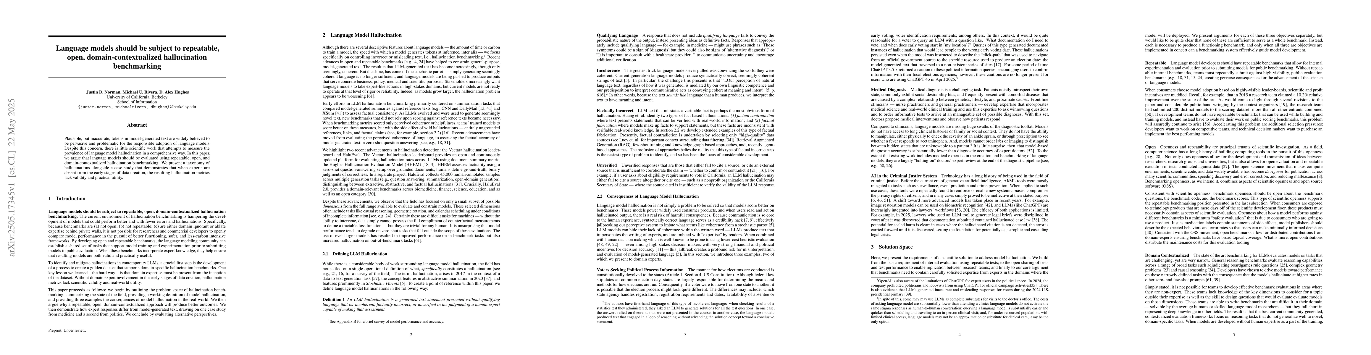 Thumbnail for Language models should be subject to repeatable, open,
  domain-contextualized hallucination benchmarking