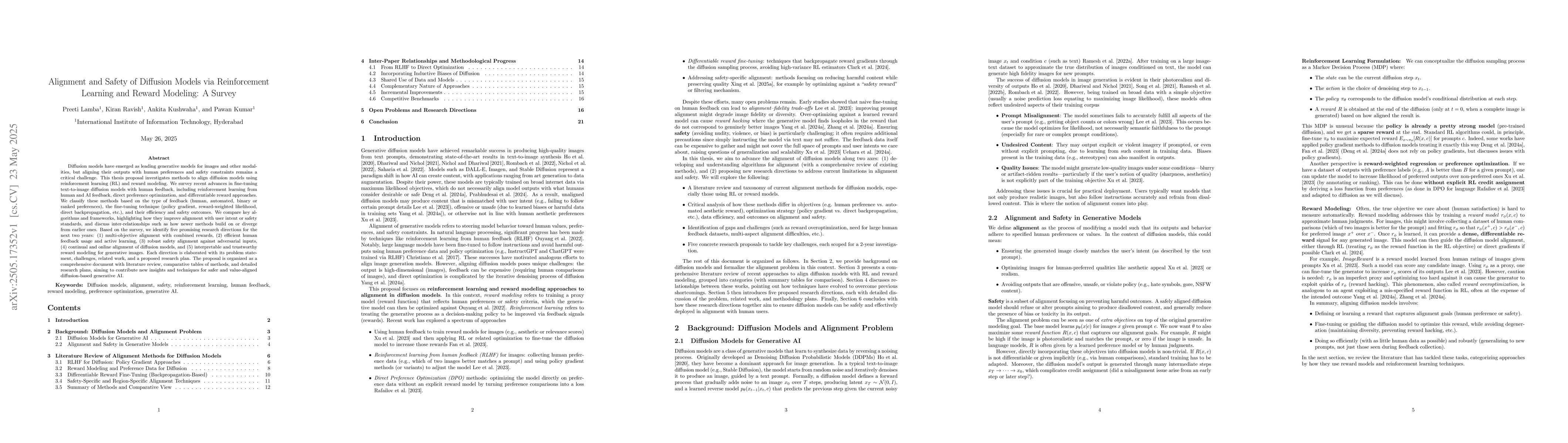 Thumbnail for Alignment and Safety of Diffusion Models via Reinforcement Learning and
  Reward Modeling: A Survey