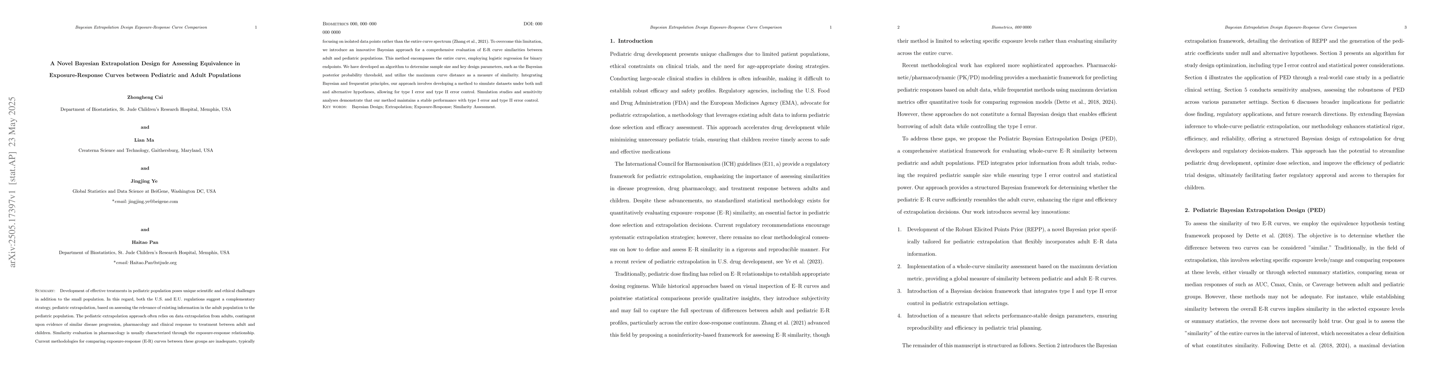 Thumbnail for A Novel Bayesian Extrapolation Design for Assessing Equivalence in
  Exposure-Response Curves between Pediatric and Adult Populations