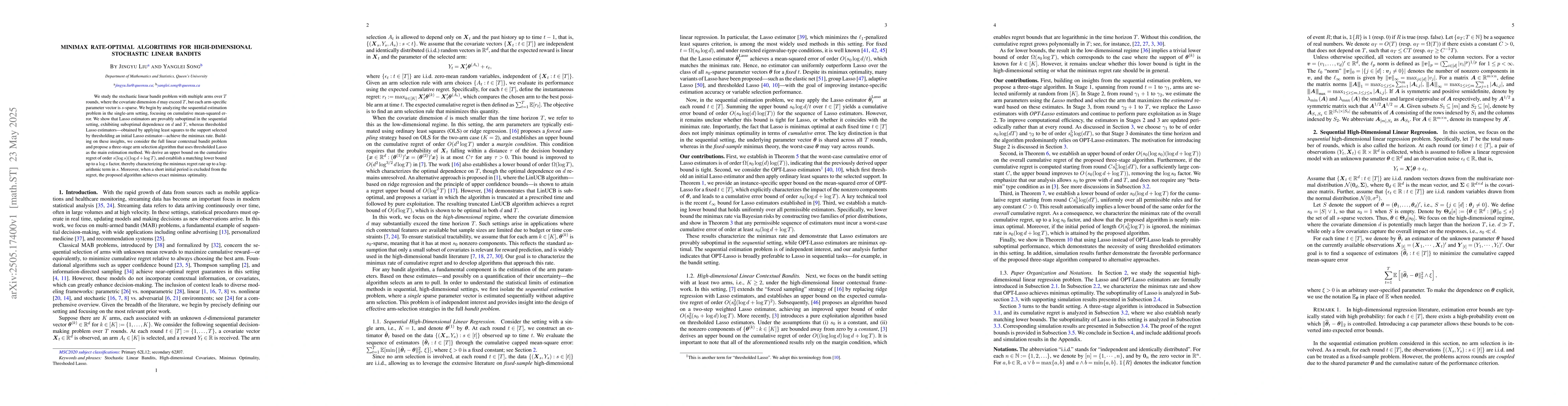 Thumbnail for Minimax Rate-Optimal Algorithms for High-Dimensional Stochastic Linear
  Bandits