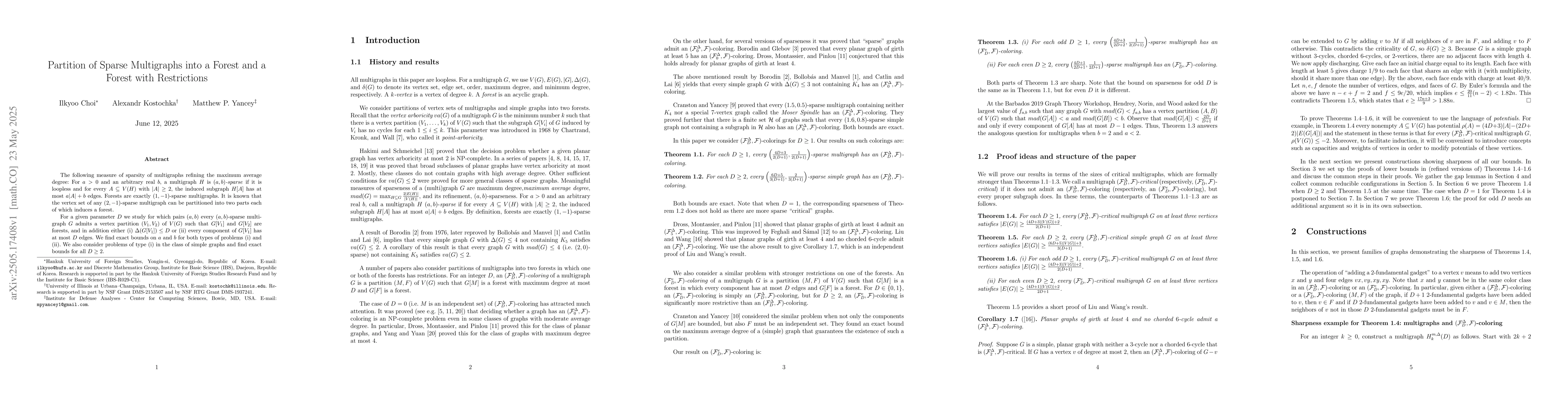 Thumbnail for Partition of Sparse Multigraphs into a Forest and a Forest with
  Restrictions