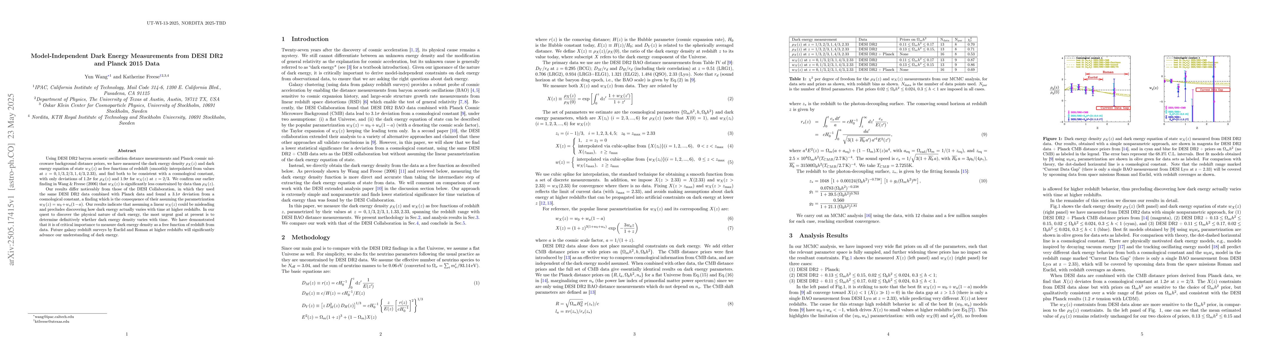 Thumbnail for Model-Independent Dark Energy Measurements from DESI DR2 and Planck 2015
  Data