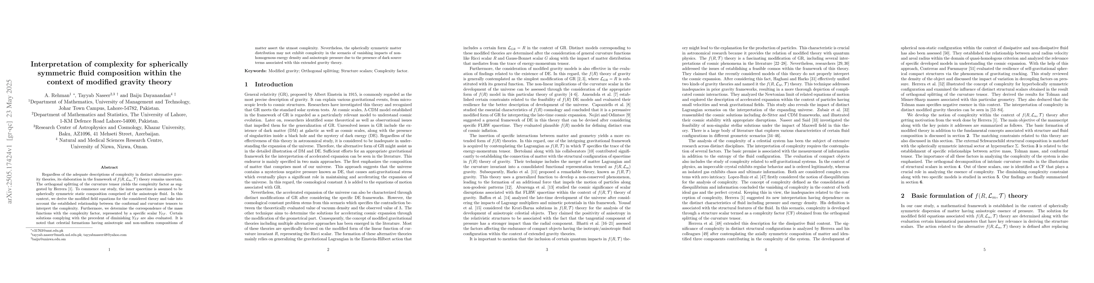 Thumbnail for Interpretation of complexity for spherically symmetric fluid composition
  within the context of modified gravity theory