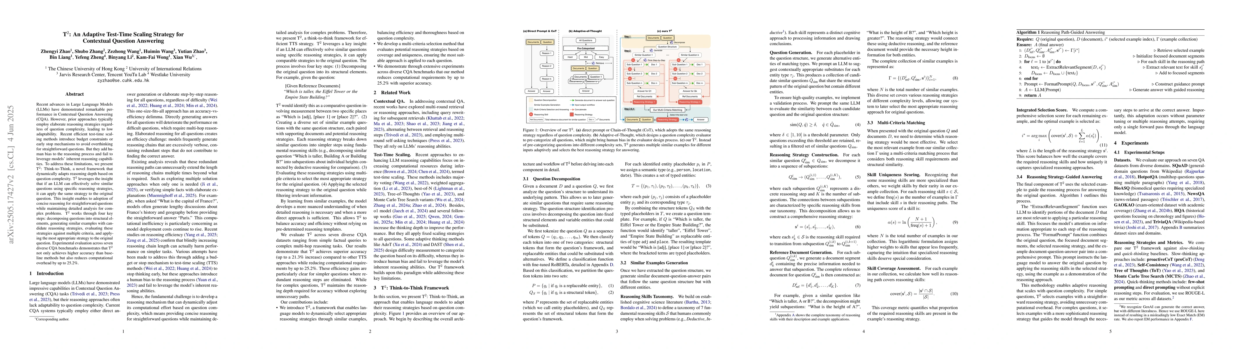 Thumbnail for T$^2$: An Adaptive Test-Time Scaling Strategy for Contextual Question
  Answering