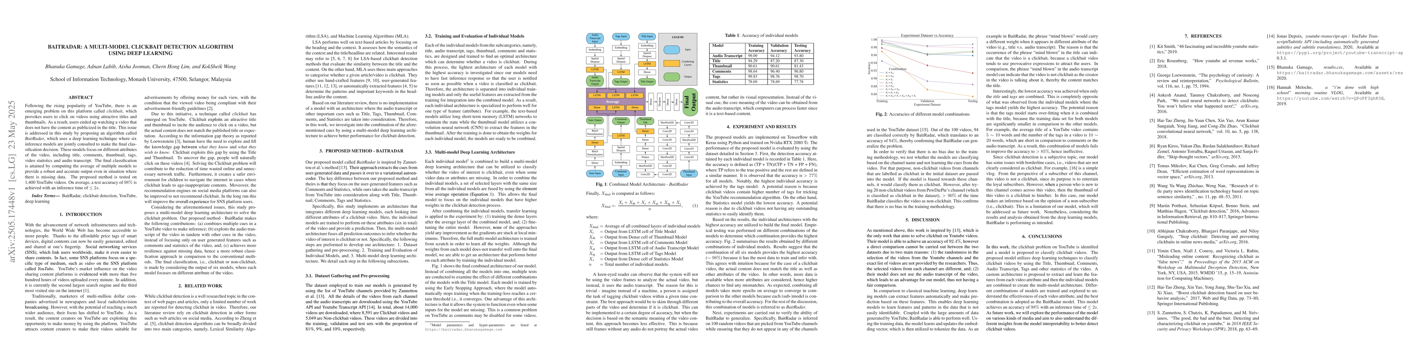 Thumbnail for Baitradar: A Multi-Model Clickbait Detection Algorithm Using Deep
  Learning