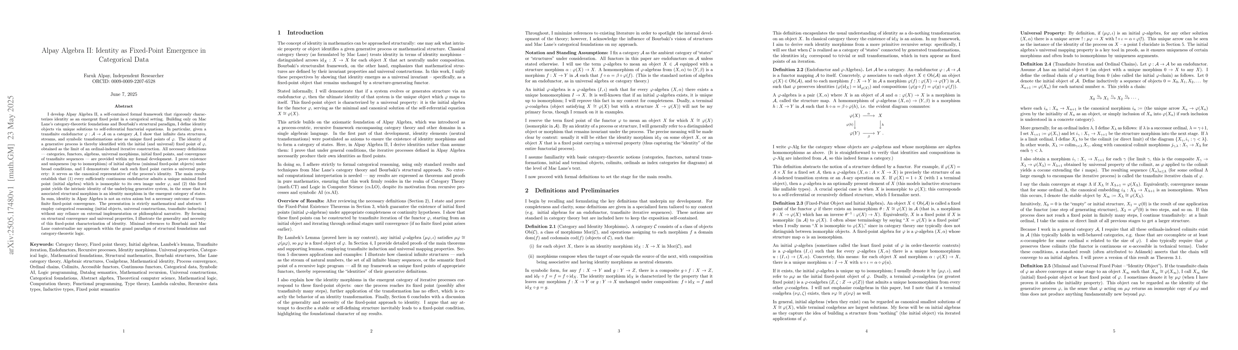 Thumbnail for Alpay Algebra II: Identity as Fixed-Point Emergence in Categorical Data