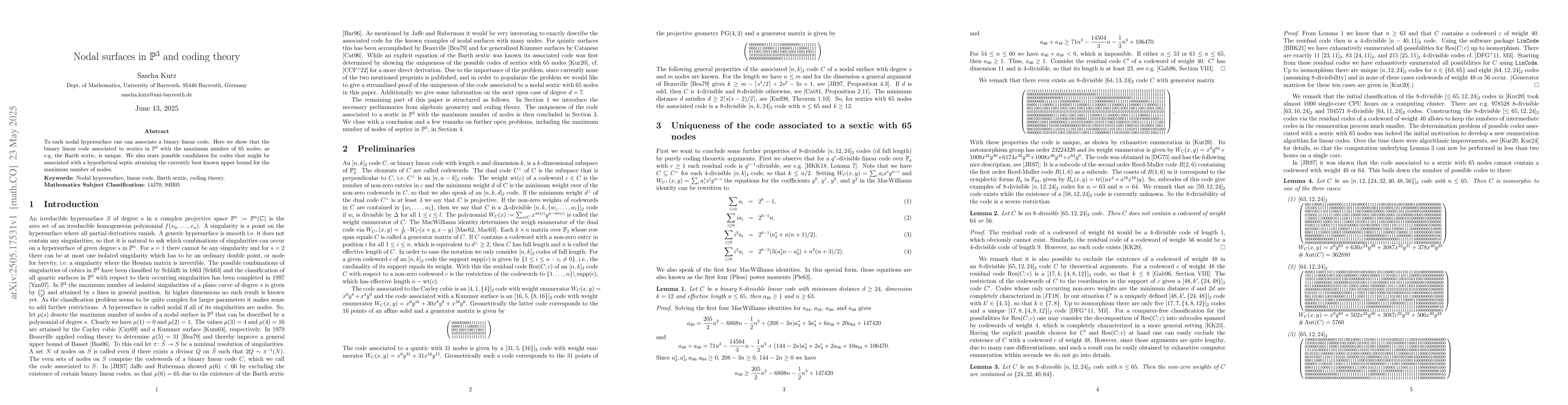 Thumbnail for Nodal surfaces in $\mathbb{P}^3$ and coding theory
