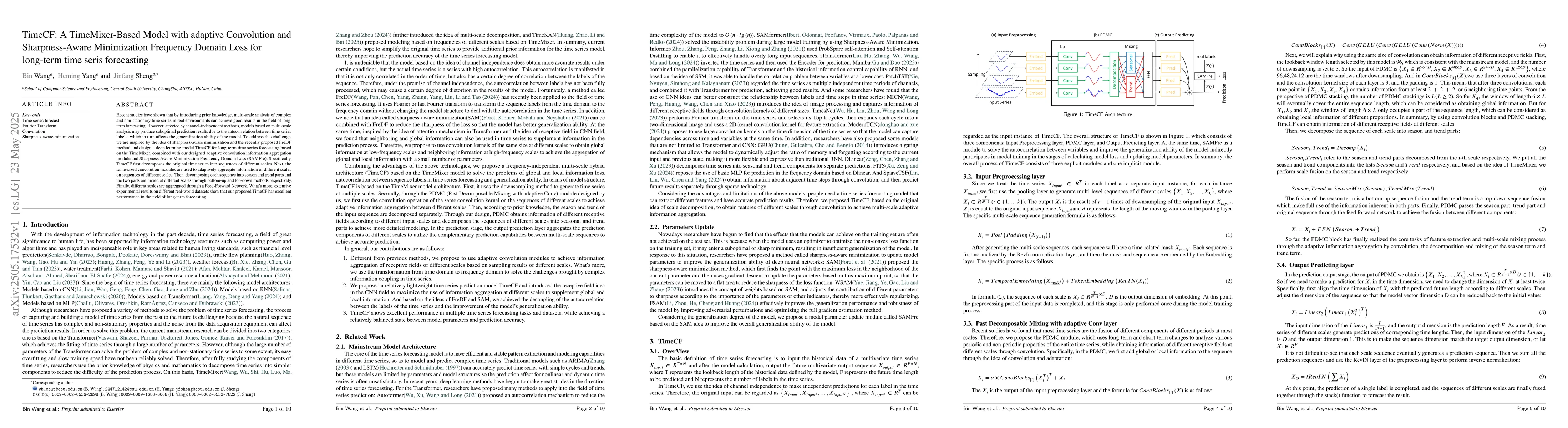 Thumbnail for TimeCF: A TimeMixer-Based Model with adaptive Convolution and
  Sharpness-Aware Minimization Frequency Domain Loss for long-term time seris
  forecasting