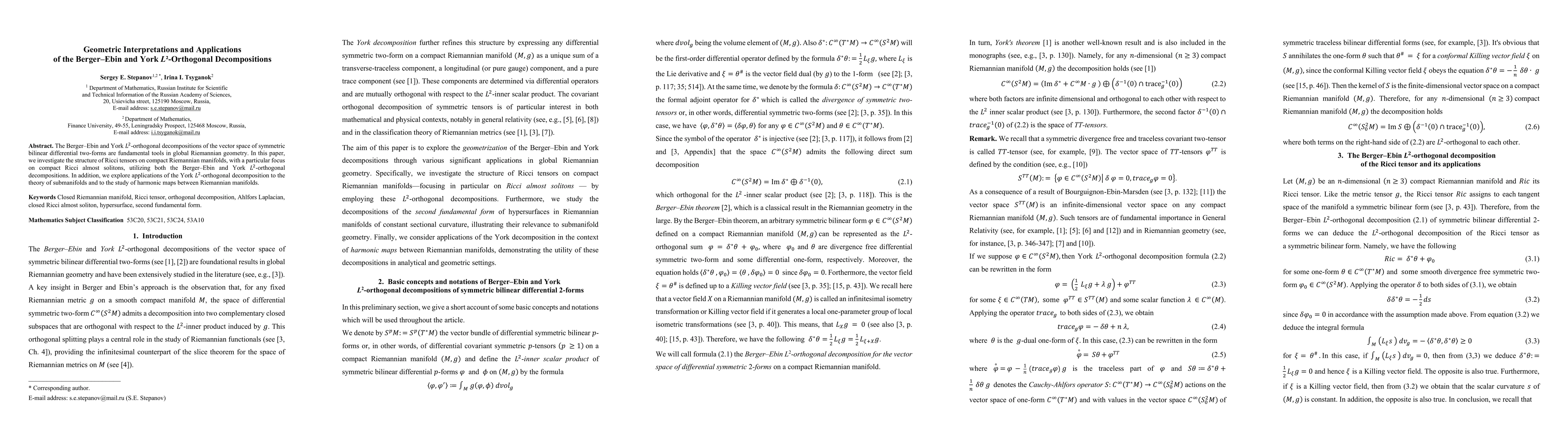 Thumbnail for Geometric Interpretations and Applications of the Berger-Ebin and York
  $L^2$-Orthogonal Decompositions