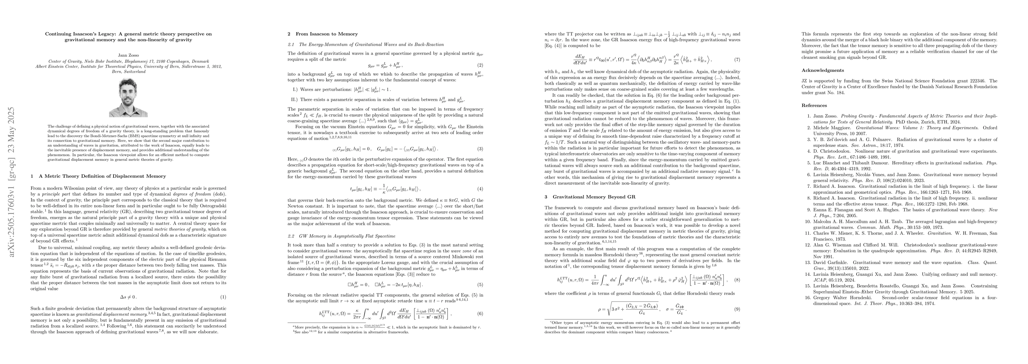 Thumbnail for Continuing Isaacson's Legacy: A general metric theory perspective on
  gravitational memory and the non-linearity of gravity